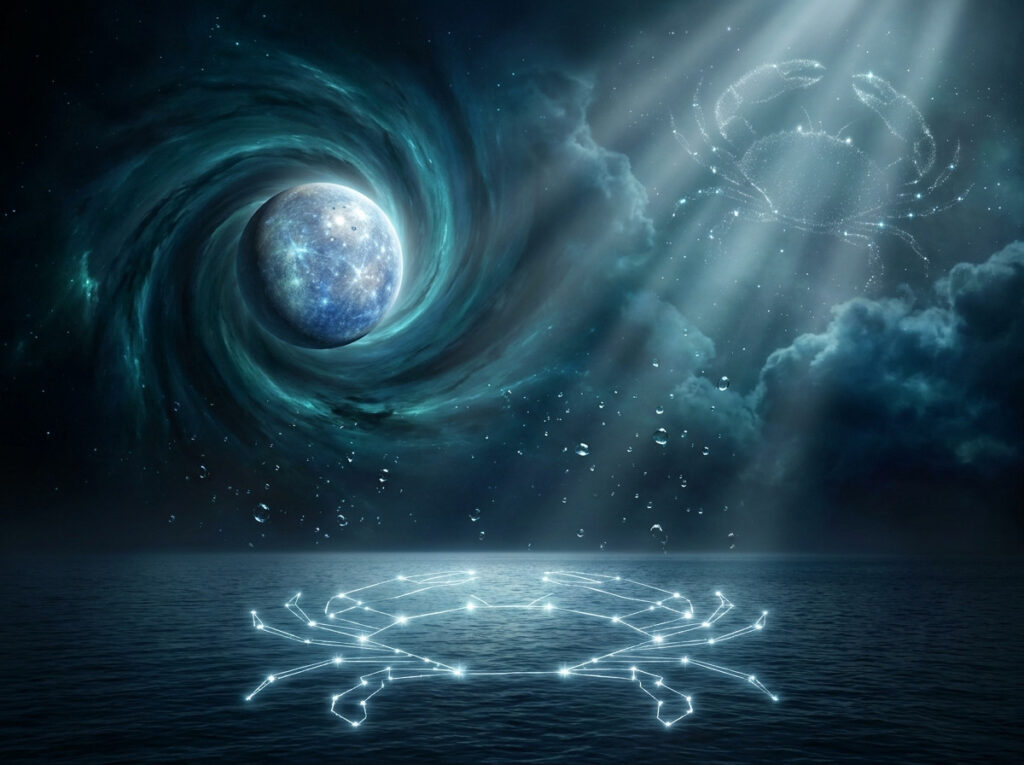 O lună strălucitoare plutește deasupra apei, înconjurată de un vârtej cosmic, iar constelația Crabului strălucește pe cerul nopții. Lumina desenează silueta unui crab pe suprafața apei.