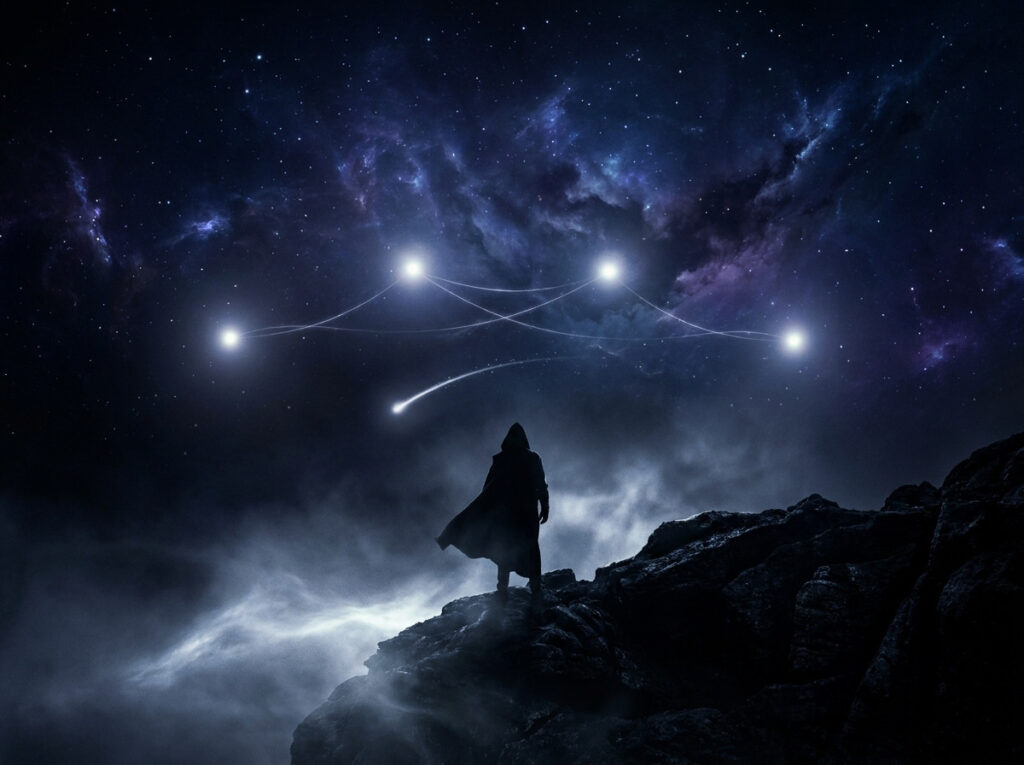 O siluetă învăluită într-o mantie stă pe o stâncă, noaptea, privind stelele strălucitoare legate între ele de dâre de lumină pe un cer cosmic învăluit în ceață.