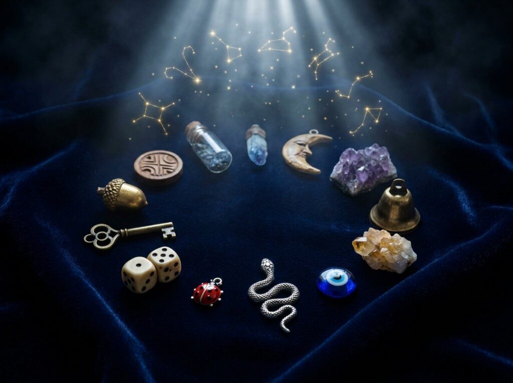 Pe o pânză de catifea sunt așezate obiecte mistice, printre care cristale, o cheie, zaruri, un clopoțel, talismane și o fiolă, iar deasupra lor strălucesc constelațiile zodiacale, iluminate de un fascicul de lumină.