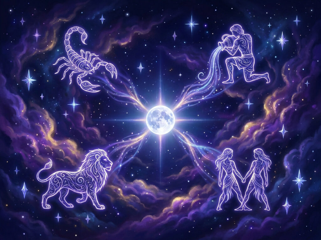 Constelațiile zodiacale strălucitoare — Scorpionul, Vărsătorul, Leul și Gemenii — înconjoară o lună strălucitoare pe un cer cosmic plin de culori, presărat cu stele și nebuloase care se învârt.
