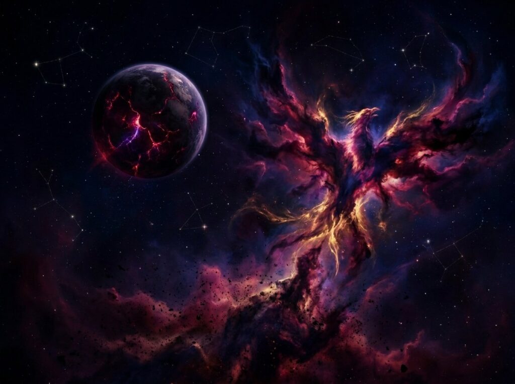 O scenă cosmică plină de viață, cu o planetă strălucitoare și crăpată, situată lângă o nebuloasă în formă de fenix, înconjurată de spațiul întunecat și de constelații de stele abia vizibile.