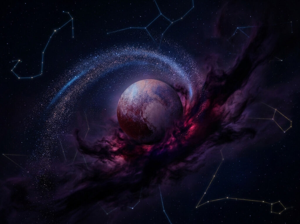 O planetă cu nori care se învârt și praf cosmic este înconjurată de constelații stelare într-un peisaj spațial profund și plin de culoare, cu nuanțe de albastru și violet.