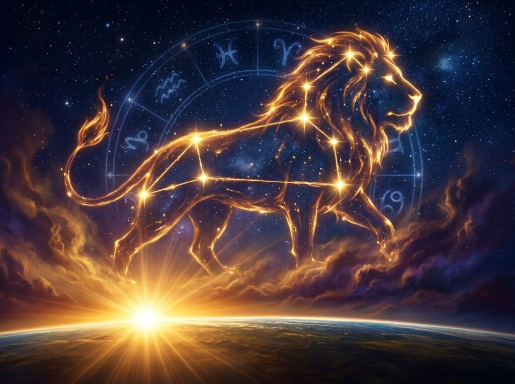 O constelație strălucitoare în forma unui leu strălucește pe cerul nopții, cu simbolurile zodiacale în fundal și un soare strălucitor care răsare deasupra orizontului Pământului, în partea de jos a imaginii.