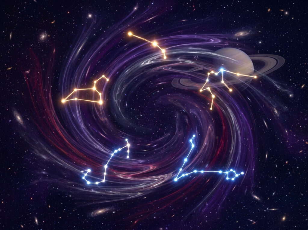 O scenă cosmică învârtitoare, cu constelații strălucitoare conturate în galben și albastru pe fundalul unei galaxii pline de stele, cu planeta Saturn vizibilă în fundal și nori de nebuloase colorate care se învârt în jur.