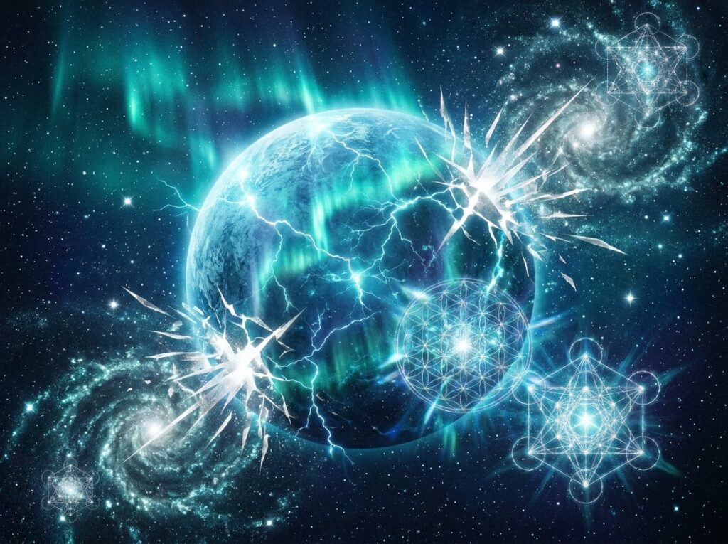 O planetă strălucitoare în spațiu, cu fisuri și explozii de energie luminoasă, înconjurată de galaxii și modele geometrice, pe un fundal plin de stele.
