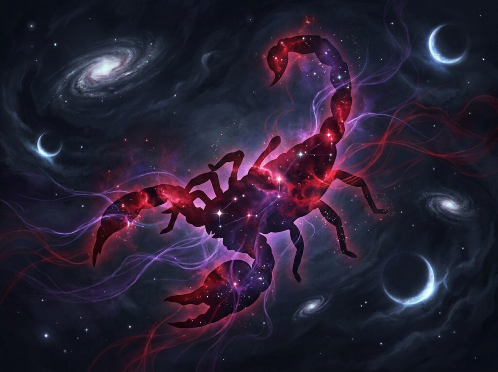 Un scorpion cosmic strălucitor, format din nebuloase roșii și violete, plutește în spațiul cosmic, înconjurat de galaxii care se învârt și de luni în formă de semilună.