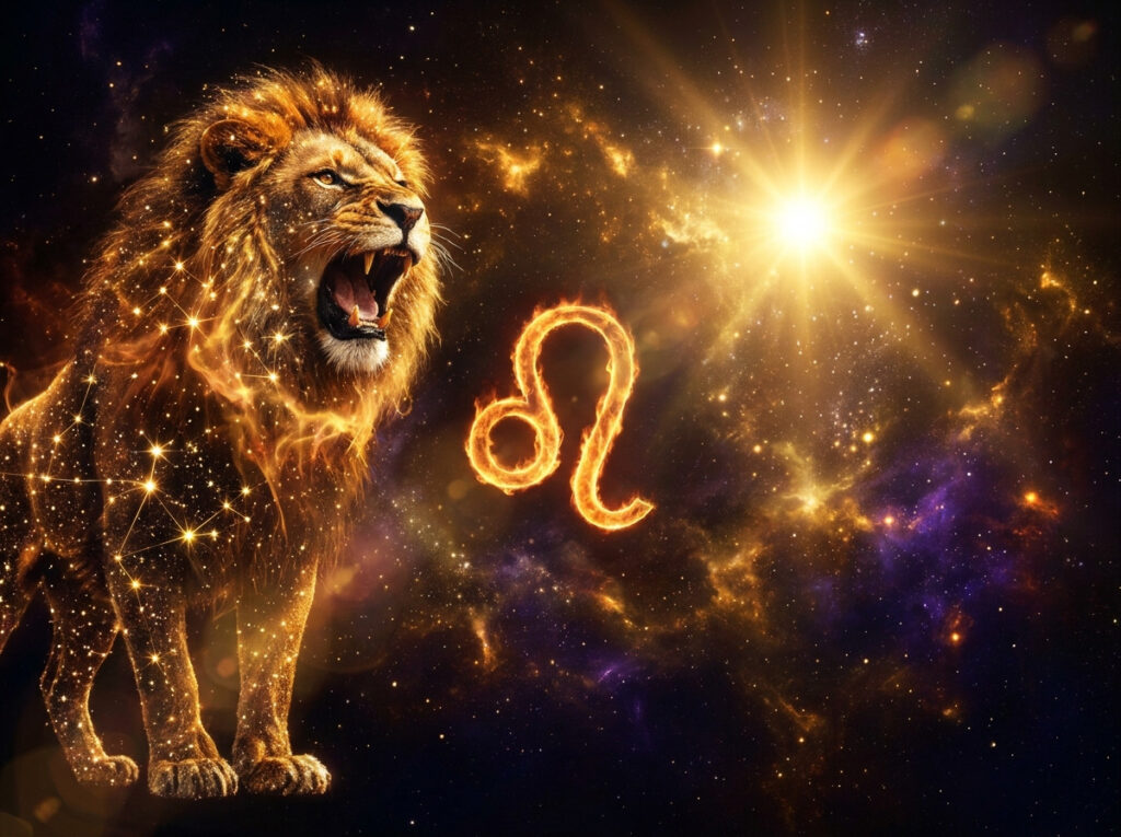 Un leu care răcnește se află în mijlocul unor stele strălucitoare, având în fundalul cosmic simbolul zodiacal al Leului și un soare strălucitor.