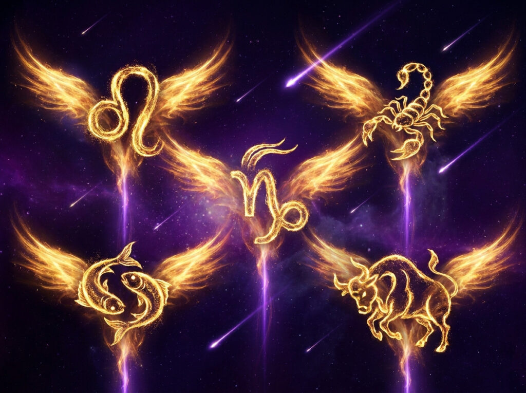 Simbolurile zodiacale aurii ale Leului, Scorpionului, Peștilor, Capricornului și Taurului apar cu aripi strălucitoare pe un fundal cosmic violet, însoțite de stele căzătoare și de o atmosferă mistică.