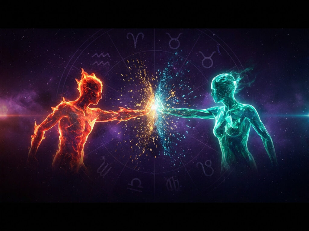 O siluetă înflăcărată și una rece ca gheața își ating mâinile, generând o explozie de energie. Simbolurile zodiacale formează un cerc în fundal, pe un fundal cosmic, presărat cu stele.