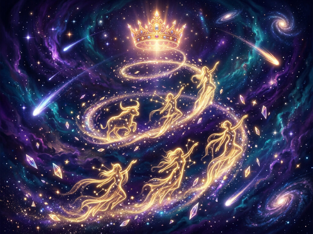 Figuri aurii, celeste și un taur se învârt în modele sclipitoare printr-o galaxie înstelată, îndreptându-se spre o coroană strălucitoare. Stele căzătoare și forme cosmice îi înconjoară într-un spațiu plin de viață și culori.