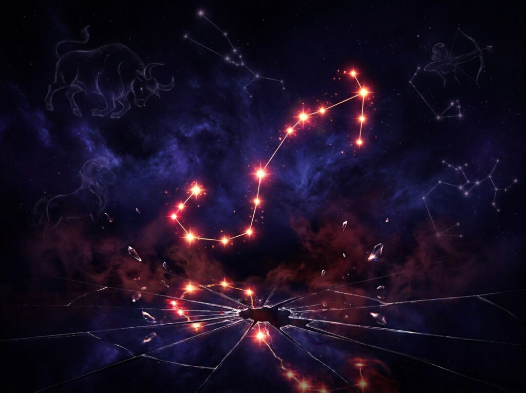 Constelația strălucitoare a Scorpionului strălucește pe un cer întunecat și înstelat, cu simboluri zodiacale abia vizibile și cioburi de sticlă împrăștiate dedesubt, din crăpături ridicându-se o ceață roșie strălucitoare.