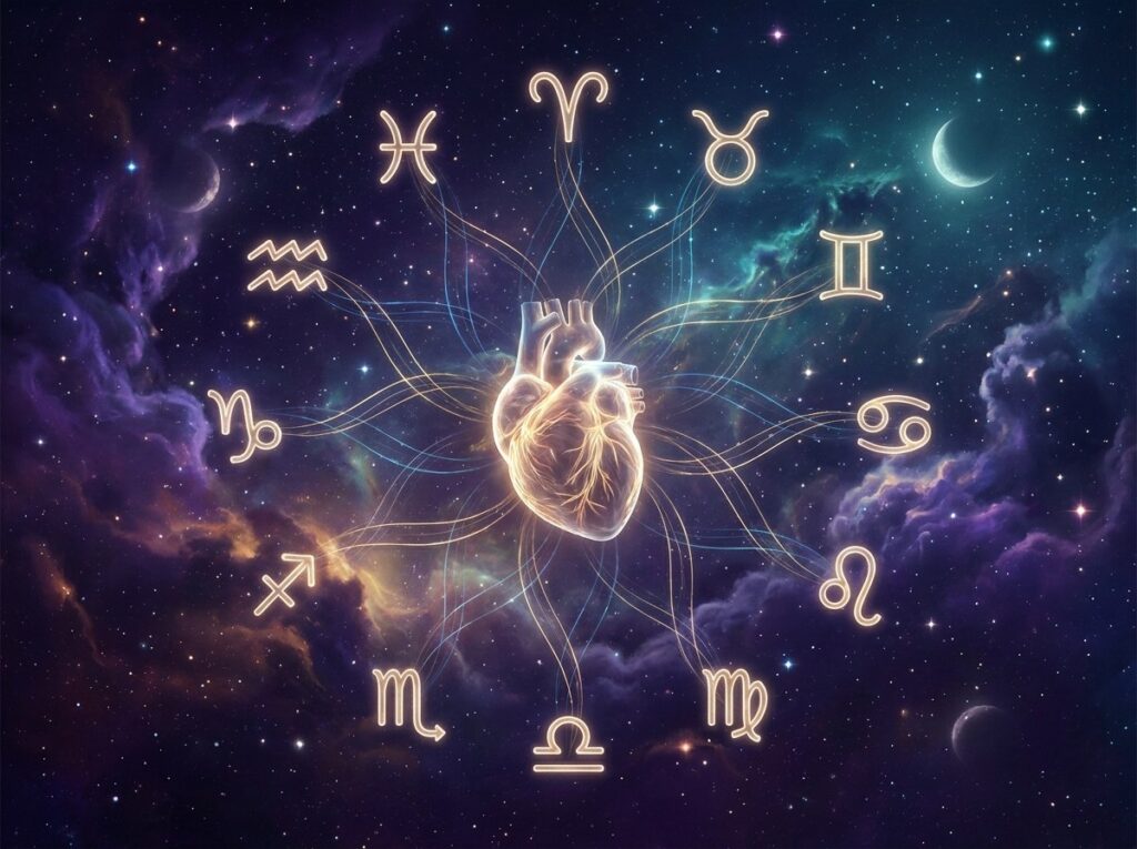 O inimă umană strălucitoare este înconjurată de cele douăsprezece semne zodiacale, pe un fundal cosmic plin de culori și stele, cu semilune de fiecare parte.