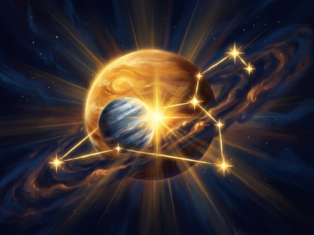 O planetă strălucitoare, înconjurată de nori care se învârt, este parțial eclipsată de o planetă mai mică, cu dungi albastre. Stele aurii strălucitoare formează o constelație, radiind lumină pe fundalul cosmic întunecat. Nori în formă de spirală înconjoară ambele planete.