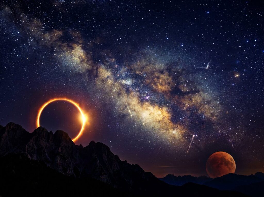 O eclipsă solară strălucitoare deasupra vârfurilor munților, cu Calea Lactee în culori intense și o lună roșiatică pe un cer nocturn plin de stele.