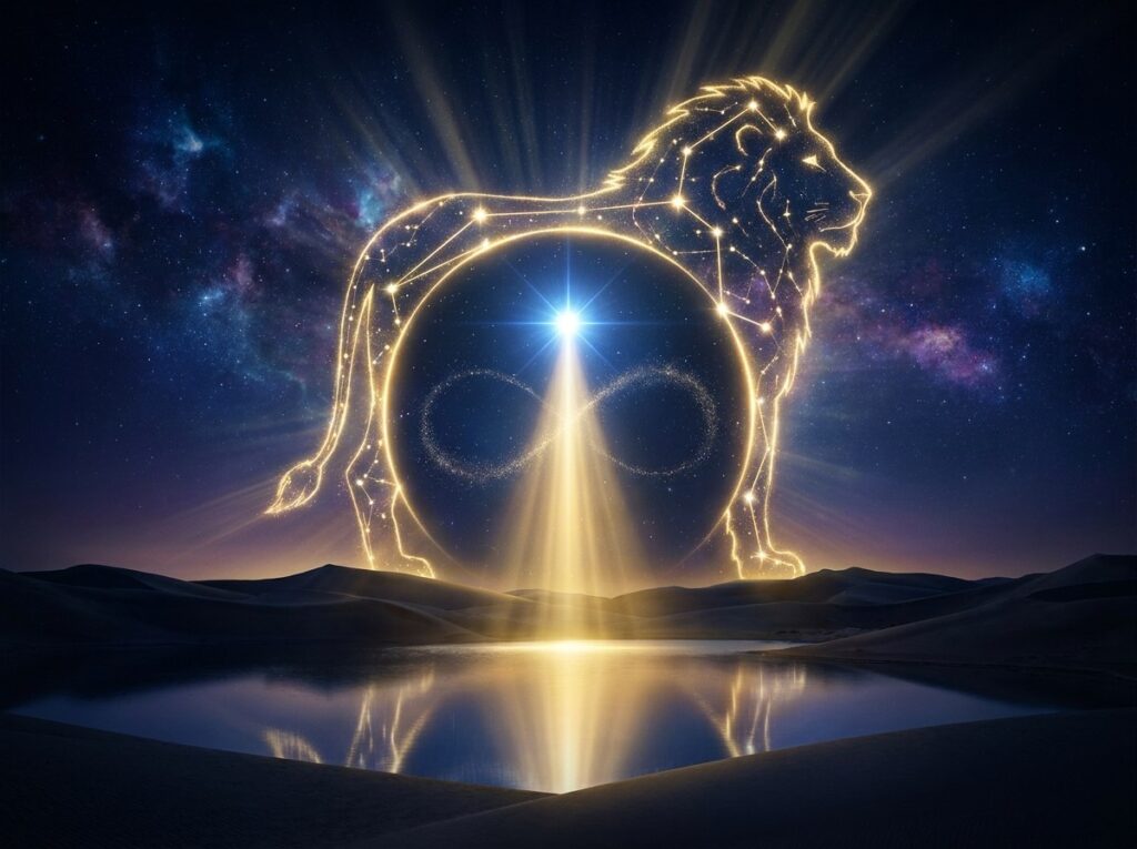 O constelație strălucitoare în formă de leu se ridică deasupra unui simbol al infinitului luminos, încadrat într-un cerc, reflectându-se într-un lac liniștit din deșert, sub un cer înstelat.