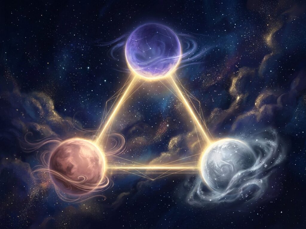 Trei planete strălucitoare — violetă, roșie și albă — sunt legate între ele prin linii aurii luminoase, formând un triunghi pe fundalul unor nori cosmici colorați, care se învârt, și al spațiului înstelat.