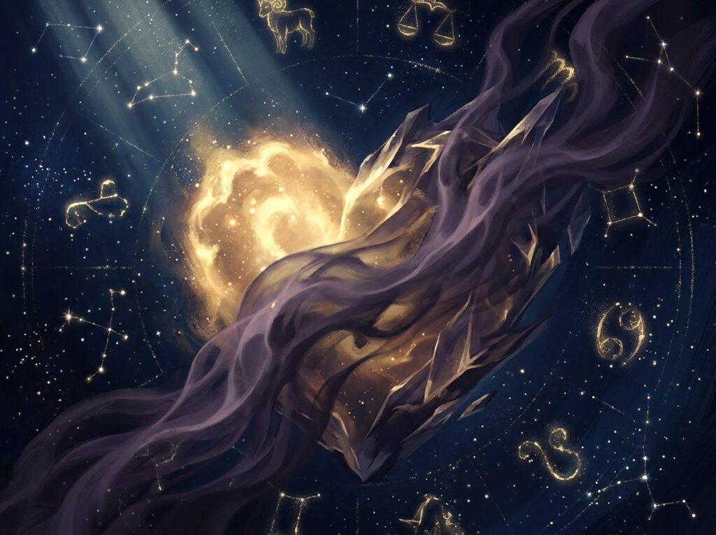 O inimă strălucitoare, aurie, învăluită în ceață întunecată, plutește în spațiu, înconjurată de simboluri zodiacale luminoase și constelații de stele, sub raze de lumină.